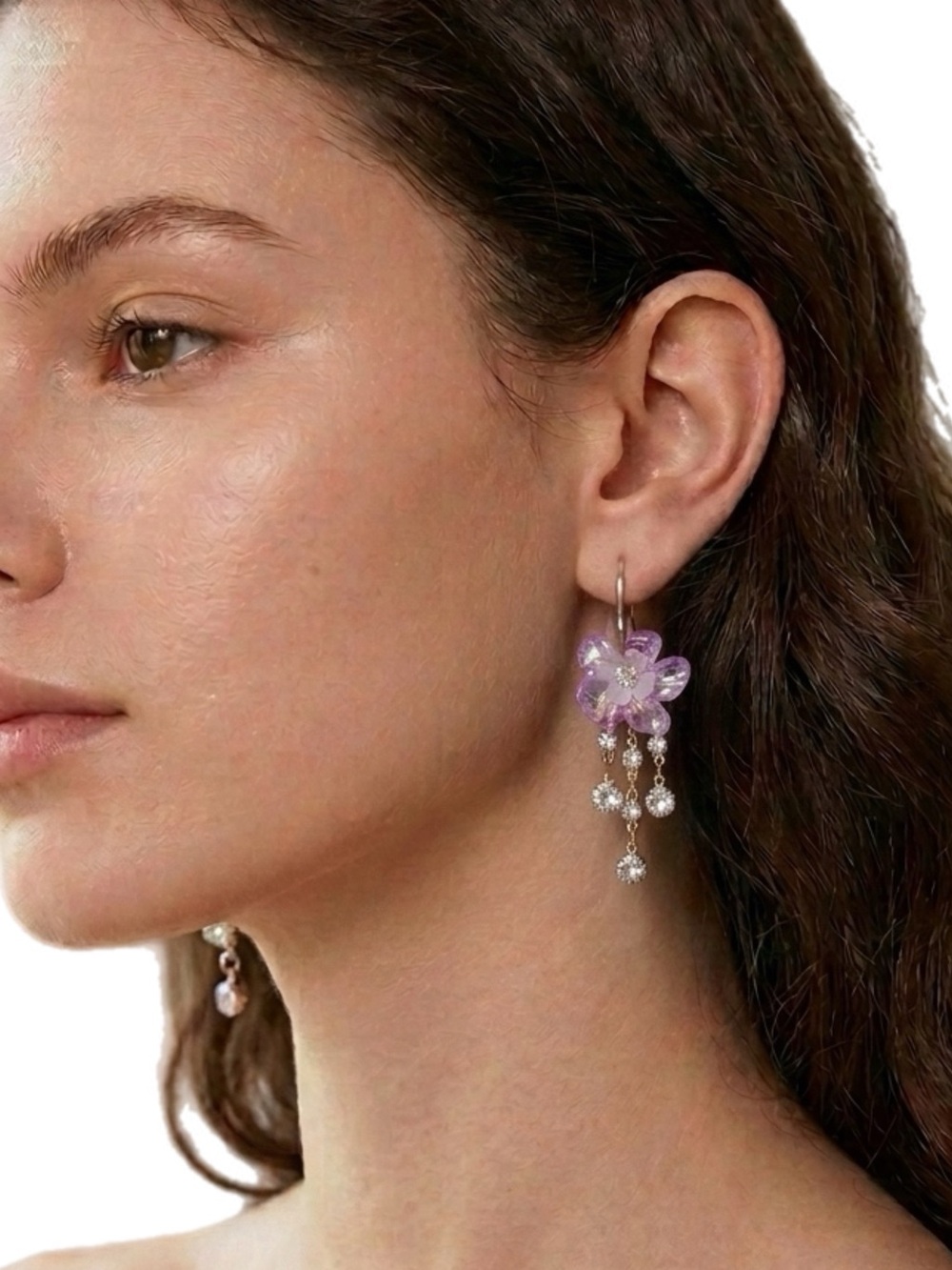 Pink Flower AB Drop Earrings with Rhinestone Dangles Gold Tone